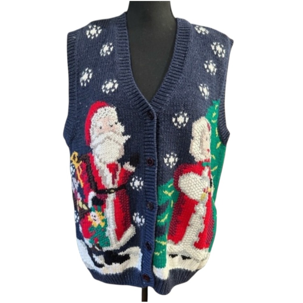 VTG Westbound CHRISTMAS SWEATER VEST Santa & Mrs Claus BLUE HEATHER Hand-Knit M